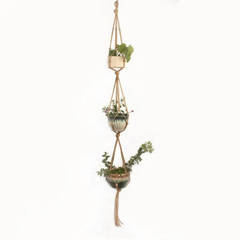 Cotton rope woven wire plant basket shown in desktop, wall hanging, and hanging basin styles.