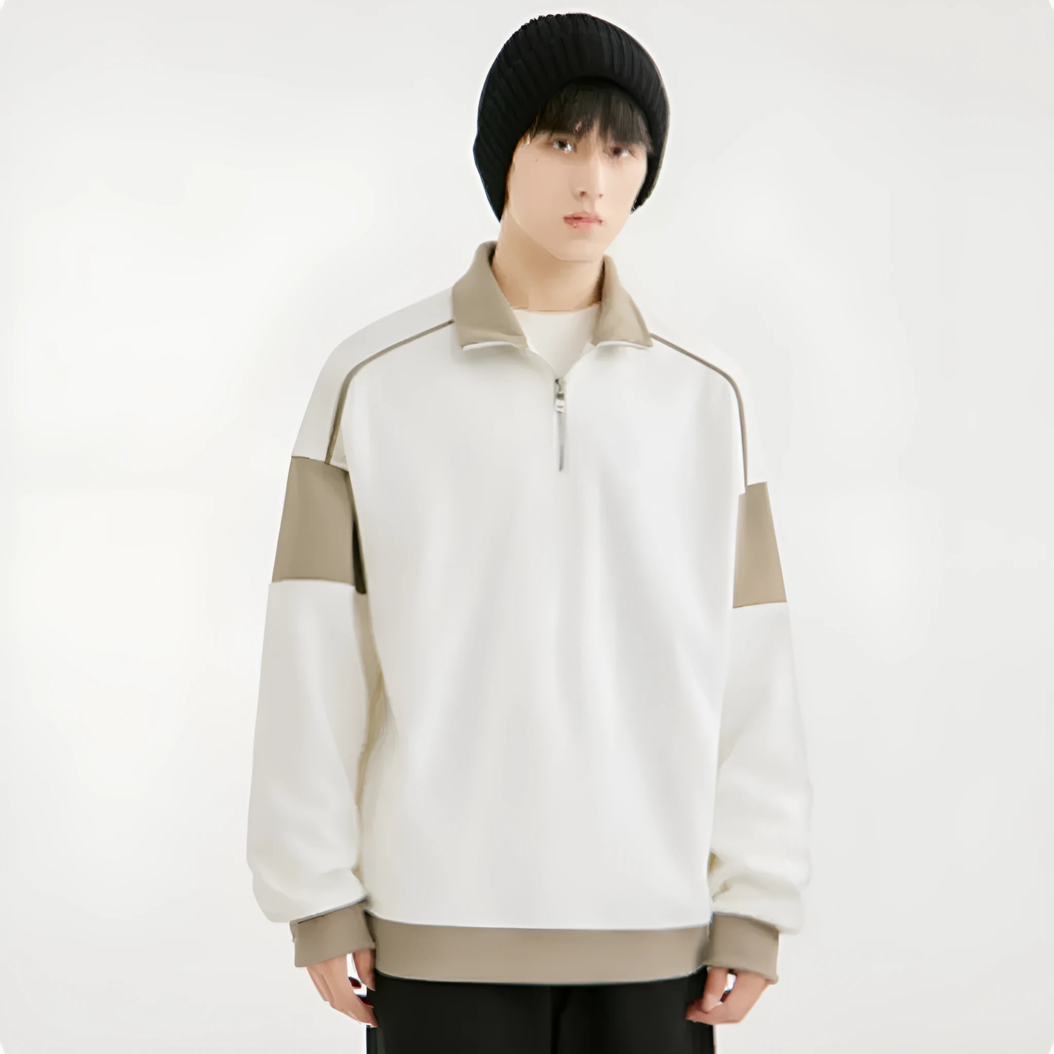 Men's hooded corduroy pullover sweater with drop shoulder design in beige colour