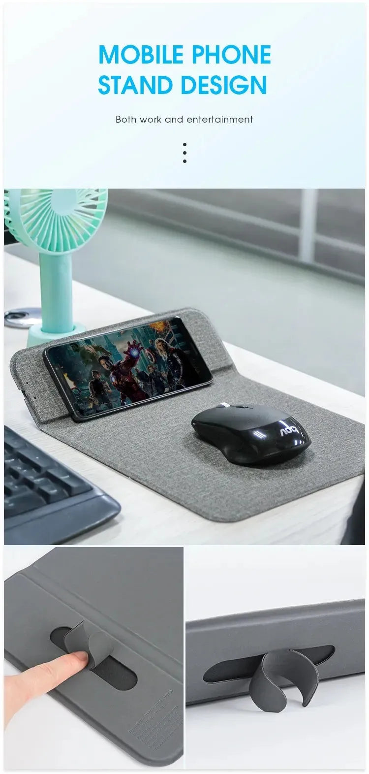 Foldable cloth phone holder with wireless charging pad showing fabric surface and compact folded design