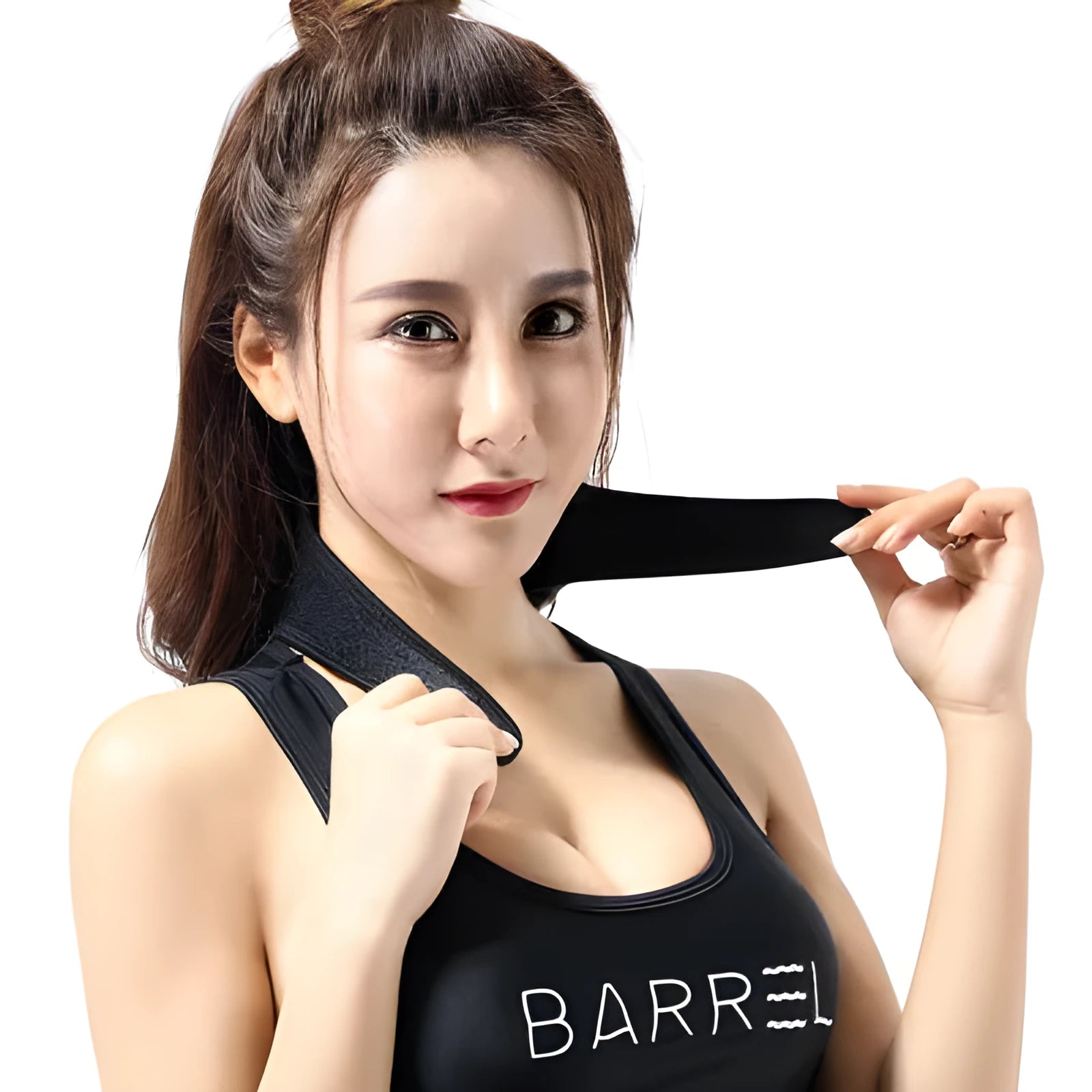 Black self-heating magnetic therapy neck guard with adjustable shoulder strap laid flat