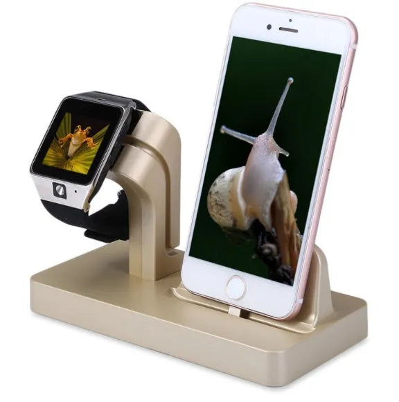 White 2-in-1 desktop charging dock station holding an iPhone and an Apple Watch.