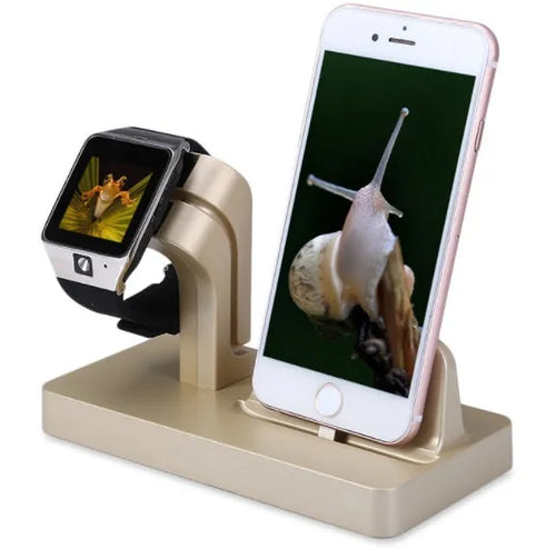White 2-in-1 desktop charging dock station holding an iPhone and an Apple Watch.