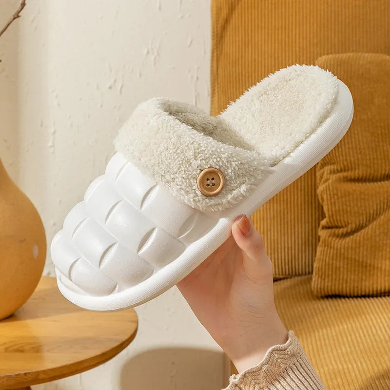 Plaid patterned detachable EVA slippers for women with plush lining and anti-skid sole.