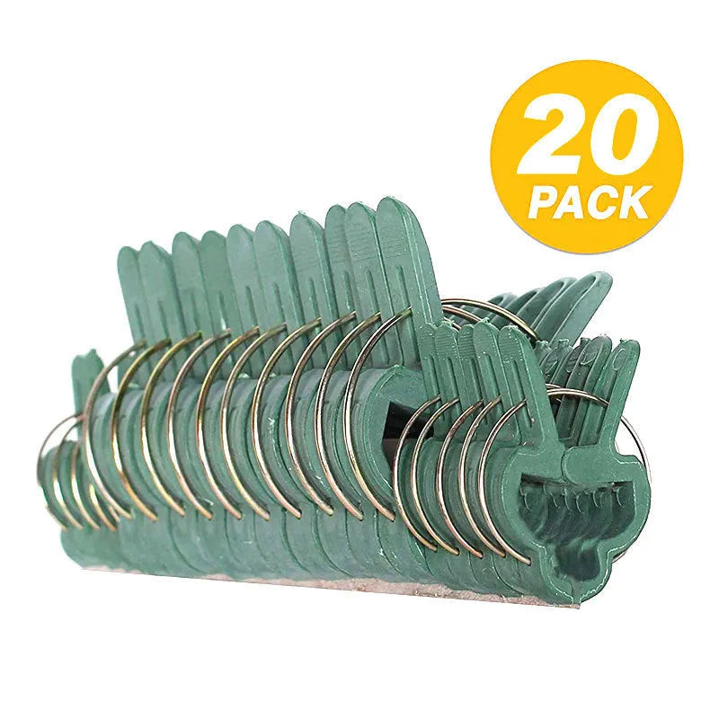 Green plastic and zinc plant support clips, showing large and small sizes for vines and tomatoes.
