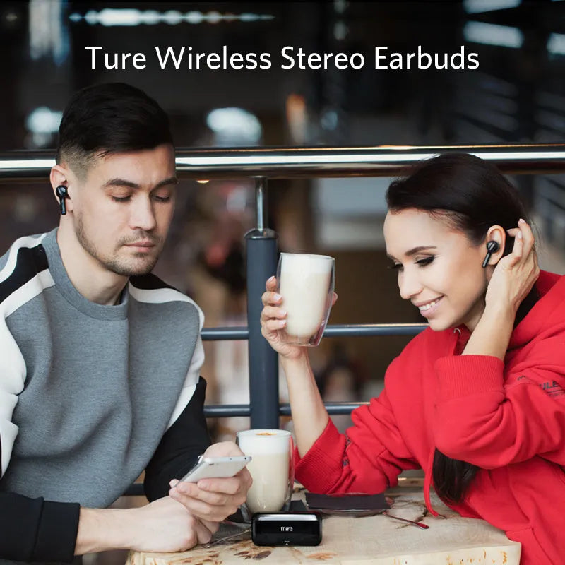 Black and white true wireless Bluetooth 5.0 earbuds with IPX5 waterproof rating