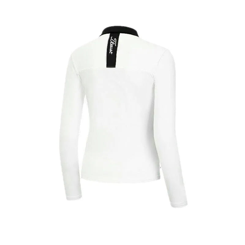 Women's long sleeve white golf top made from breathable polyester fabric for sun protection