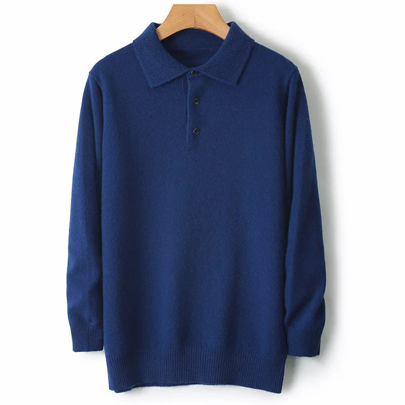 Men's wool sweater with polo collar in collegiate stitch design showing colour options