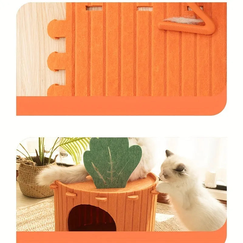 Carrot-shaped felt cat tunnel nest showing semi-enclosed design with two size options