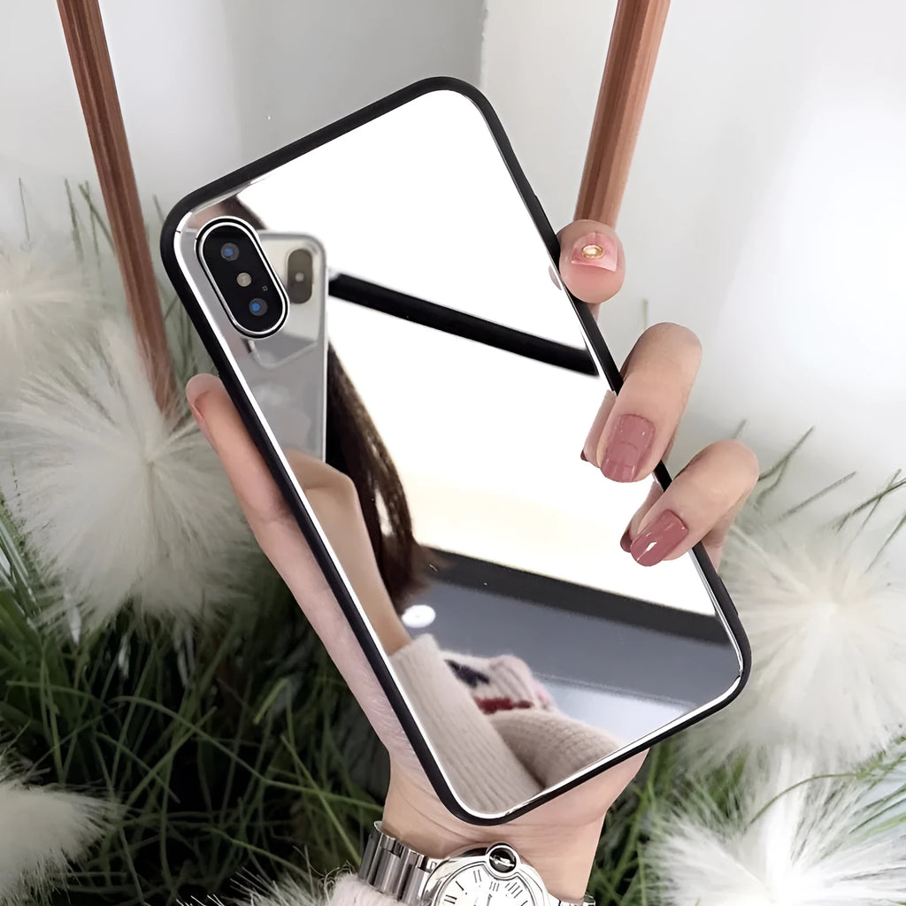 Black iPhone mirror phone case showing reflective back, compatible with iPhone X and 7/8 Plus models.