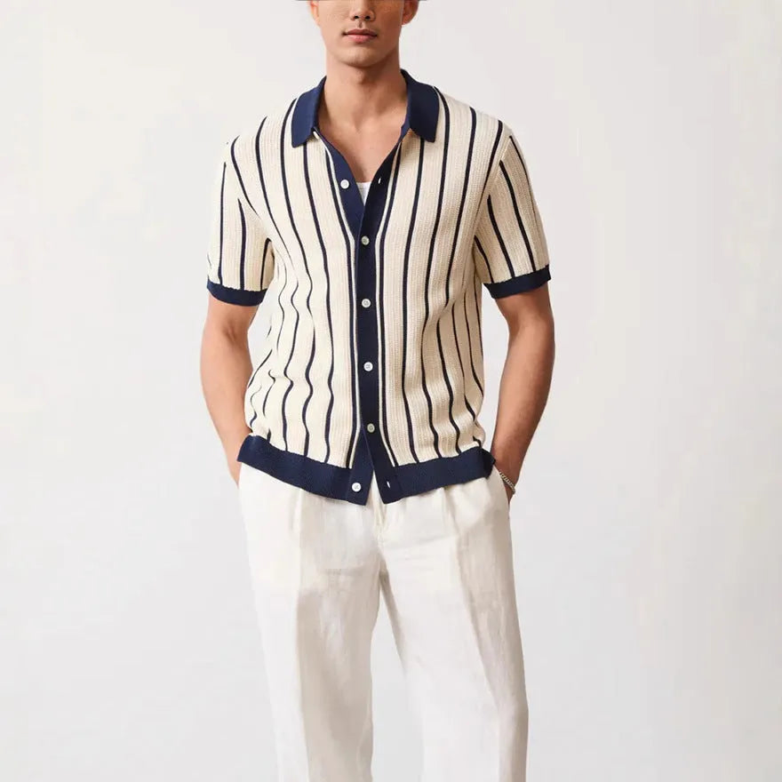 Men's white ice silk knitted polo shirt with lapel collar and asymmetric British style design