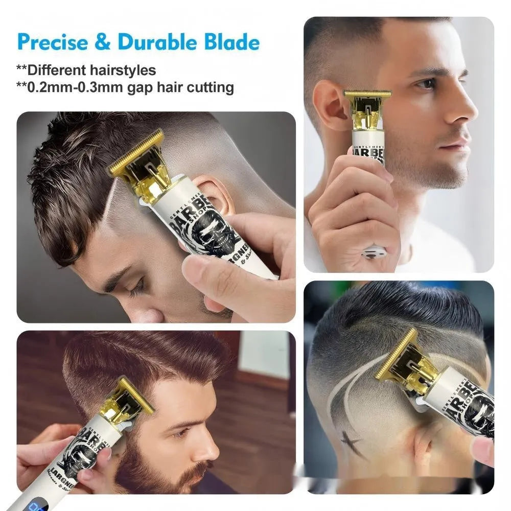 Rechargeable hair clipper with stainless steel blades and 4 guard attachments on plastic body