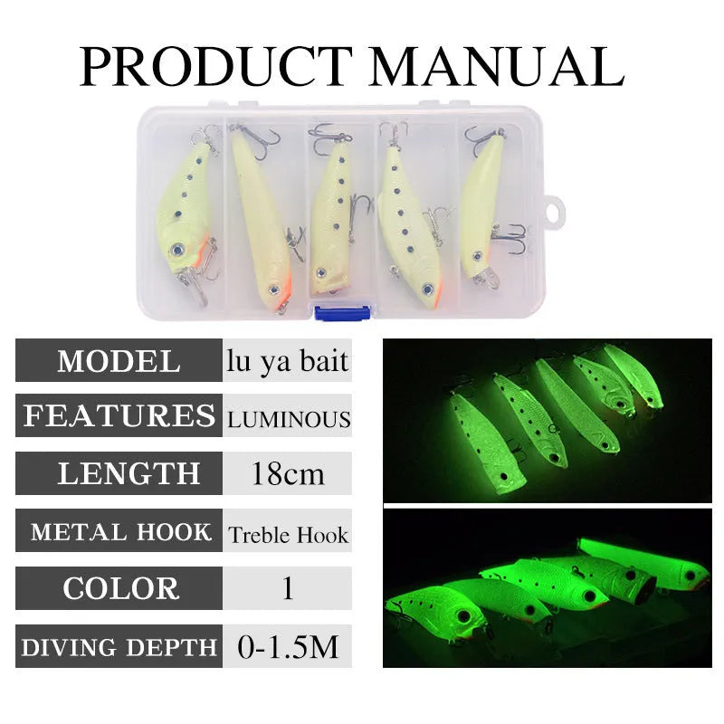 3D fluorescent hard bait fishing lures with submerged luminous properties in five-piece set