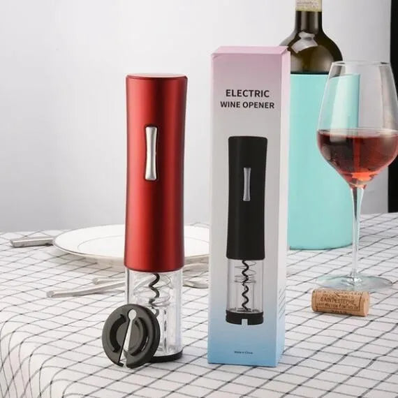 Black automatic electric wine bottle opener with foil cutter on a counter