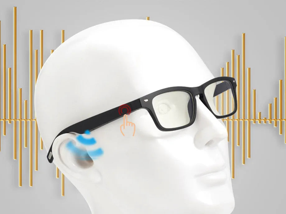 Smart Bluetooth glasses with semi-open audio speakers and UV-protective lenses on a PC+ABS frame.