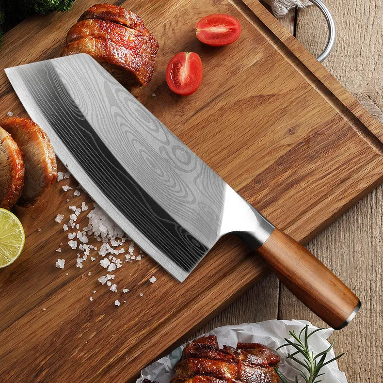 320mm stainless steel chef knife with forged 40cr13 steel blade on a kitchen counter