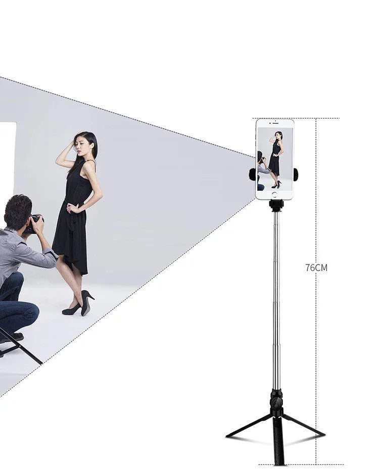 Black iPhone tripod selfie stand with extended aluminium rod and Bluetooth remote control