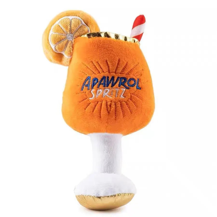 Yellow beer bottle squeaky dog toy with plush construction measuring 7x2.5x5cm