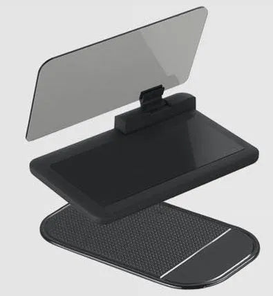 Gray car smartphone holder with transparent panel for navigation projection, measuring 15x9.5cm