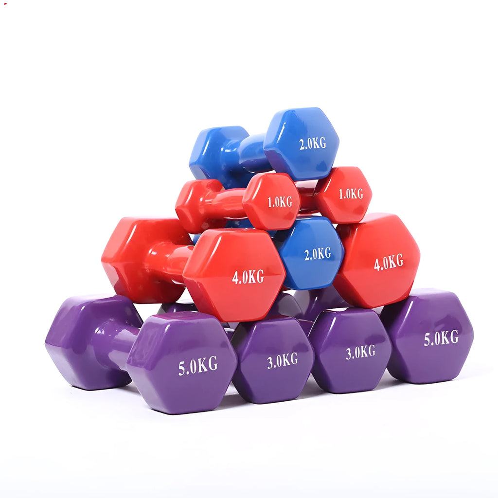 Bright colour plastic-coated fitness dumbbells suitable for home workouts with floor protection