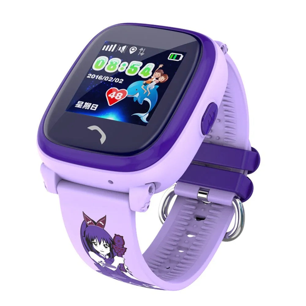 DF25 blue children's waterproof smart watch with touch screen and silicone strap showing SOS button