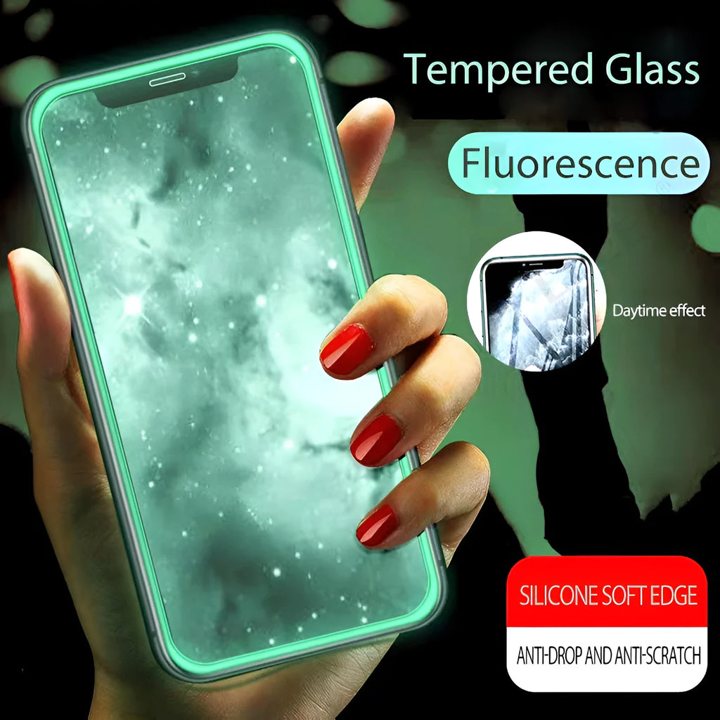 Luminous tempered glass screen protector for iPhone glowing in dark with full coverage design