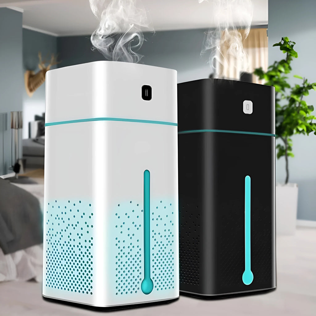Black and white desktop ultrasonic humidifier with USB cable, 1000ml tank, dimensions 103x103x218mm.