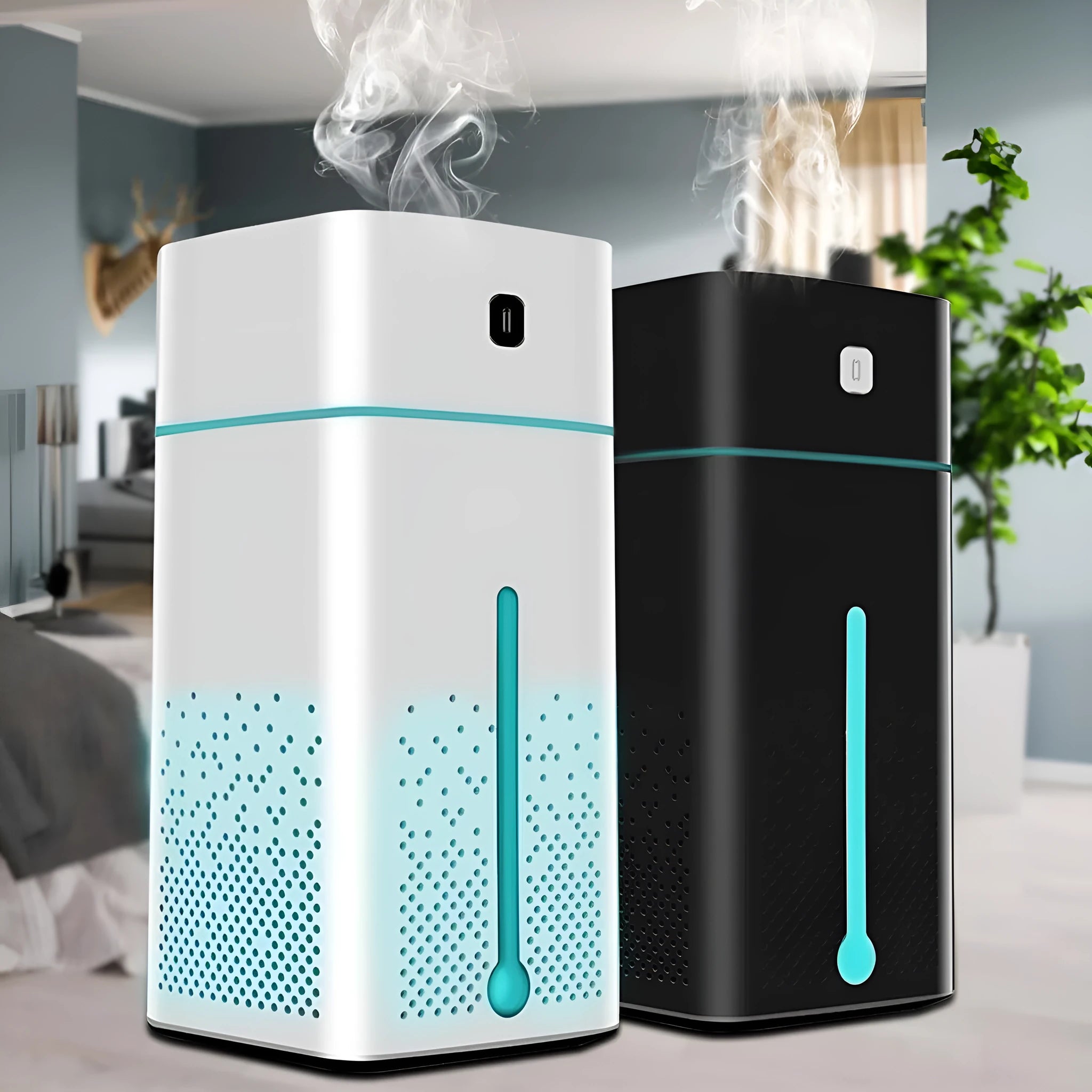 Black and white desktop ultrasonic humidifier with USB cable, 1000ml tank, dimensions 103x103x218mm.