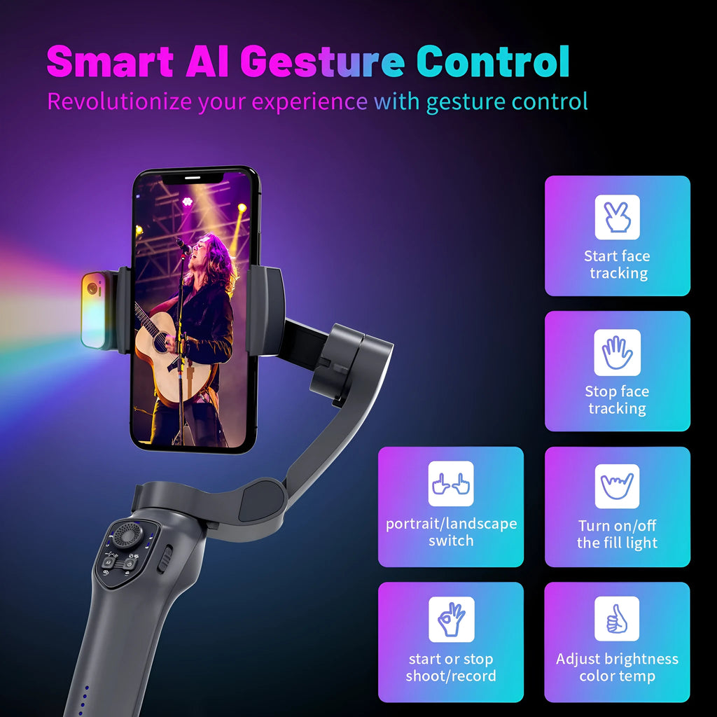 Gun colour L7Cpro foldable handheld camera stabilizer with AI-RGB showing USB charging port