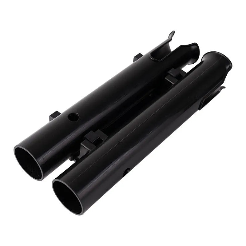 Black double-layer plastic fishing rod rack with carbon fibre frame and metal pipe clamp for bicycle handlebars