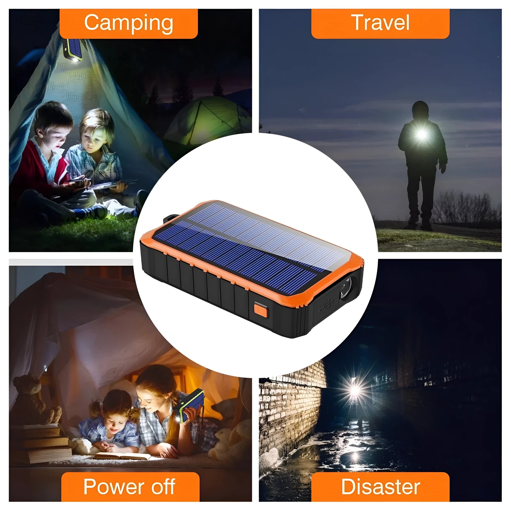 Orange and green hand crank solar power bank with 12000mAh capacity, dual USB ports, and a solar panel.