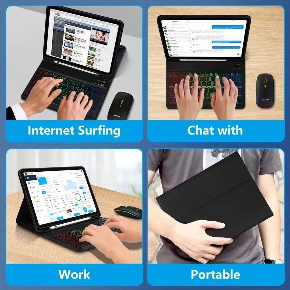 iPad leather protective case with integrated luminous RGB backlit Bluetooth keyboard and stand in multiple colour options.