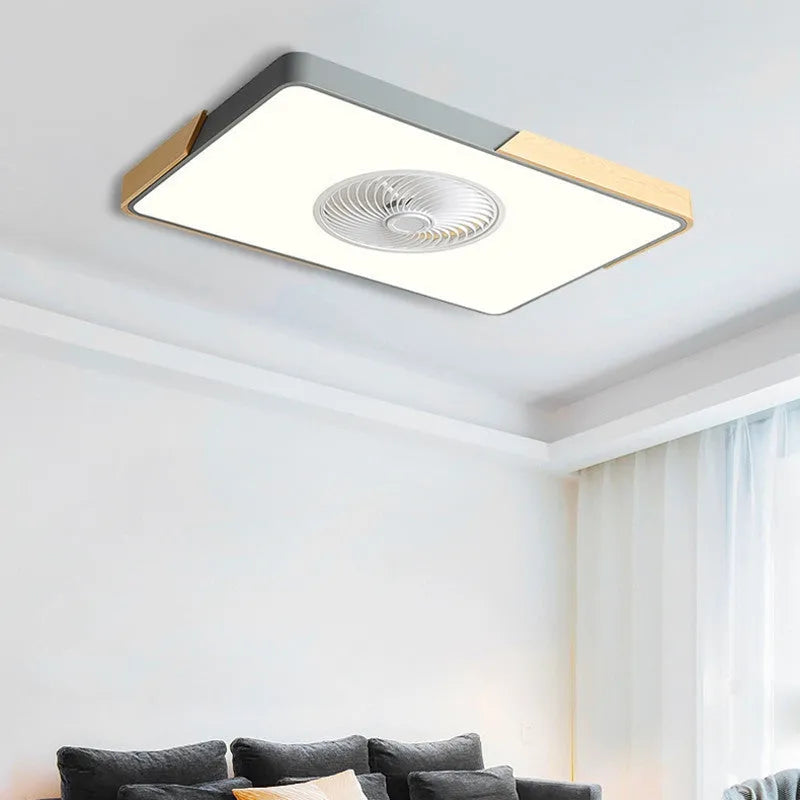 Nordic ceiling fan and light combination fixture with solid wood base in rectangular, round, or square options