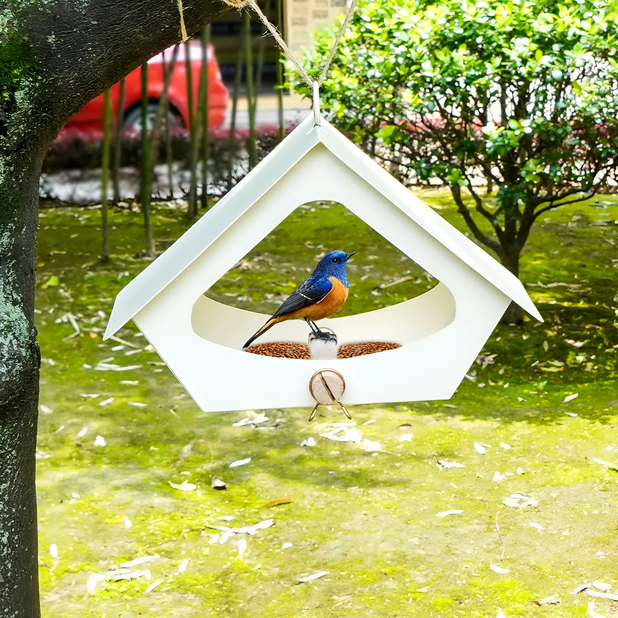 European-style iron bird nest feeder in garden setting with modern simple design