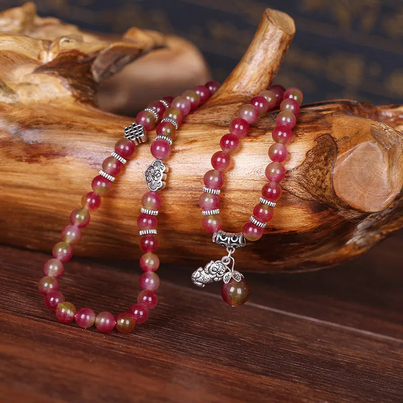 Natural watermelon crystal bracelet with Chinese knot and geometric beads in elephant style