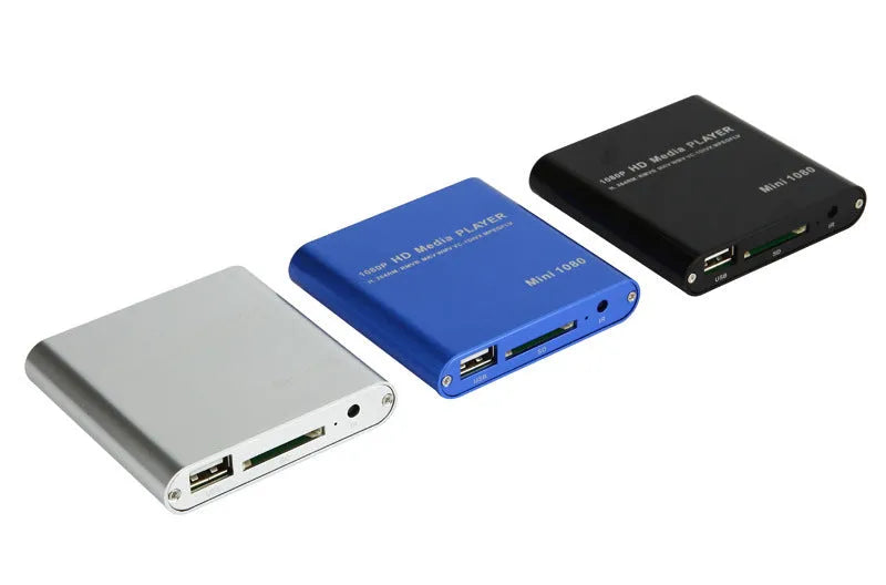 1080P Full HD media player in black or blue with HDMI, SD, USB and HDD ports
