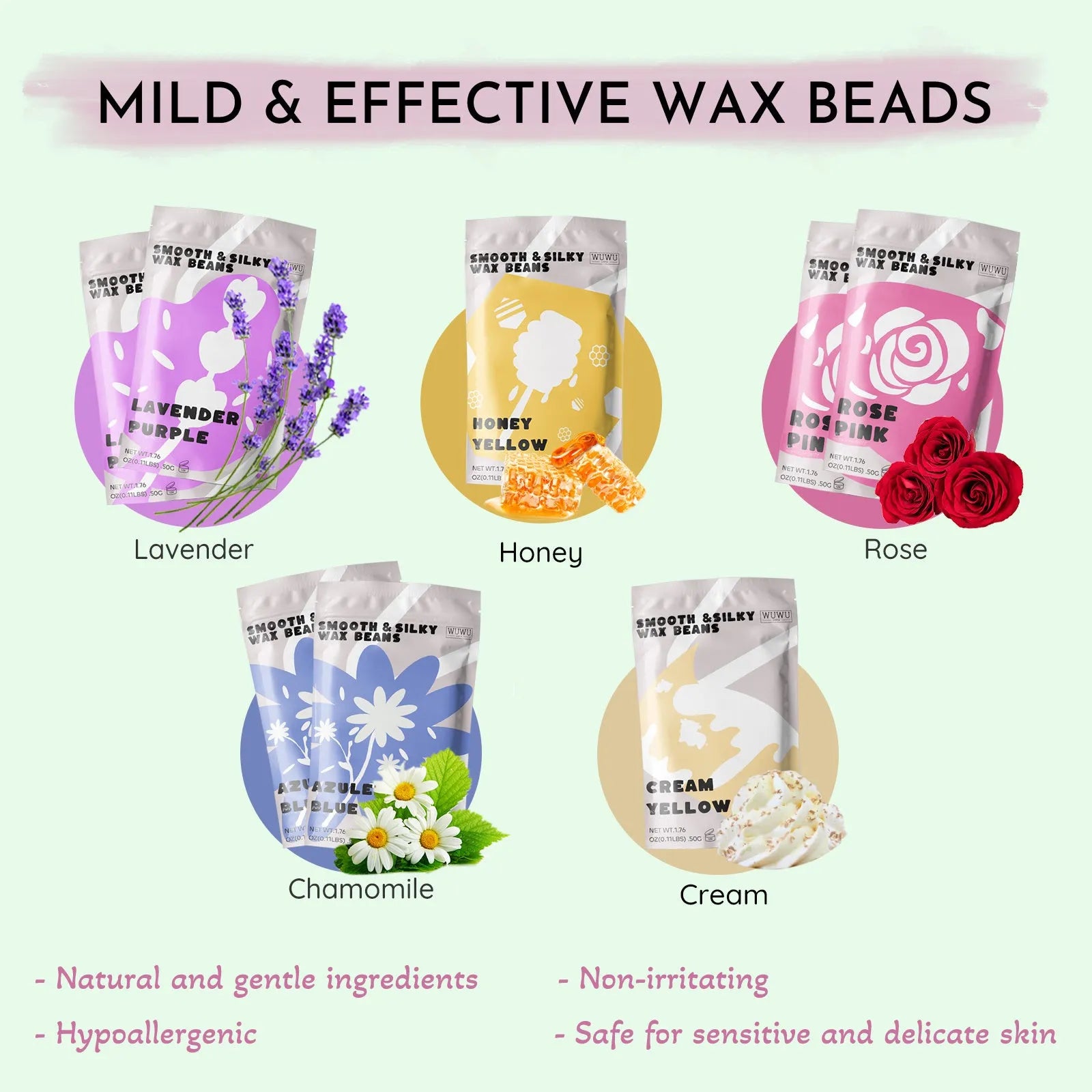 WUWUVISTA 63-piece waxing kit with black wax warmer, wax beads, applicator sticks and aftercare products