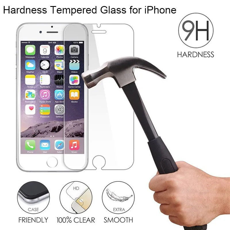 Transparent tempered glass screen protector for Apple iPhone on a white background.