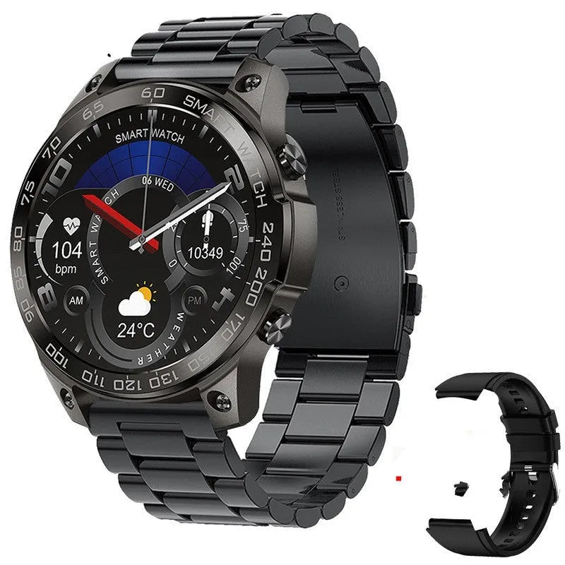Bluetooth sports watch with round AMOLED display and silicone strap showing heart rate monitoring and call functions