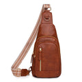 Soft brown PU women's crossbody messenger bag with an open front pocket and sewing thread detail.