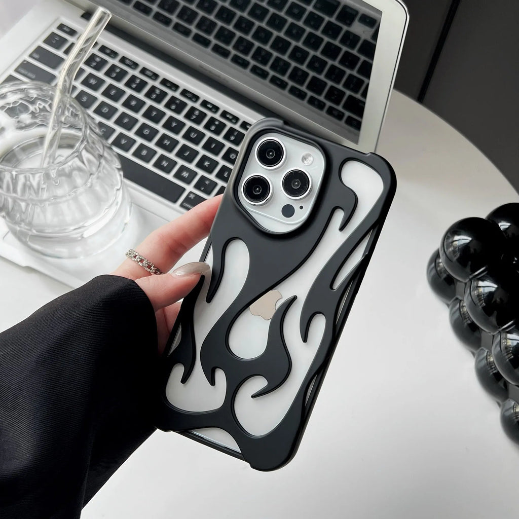 Apple iPhone case with hollow flame pattern and electroplated finish in silver, shown on a phone.