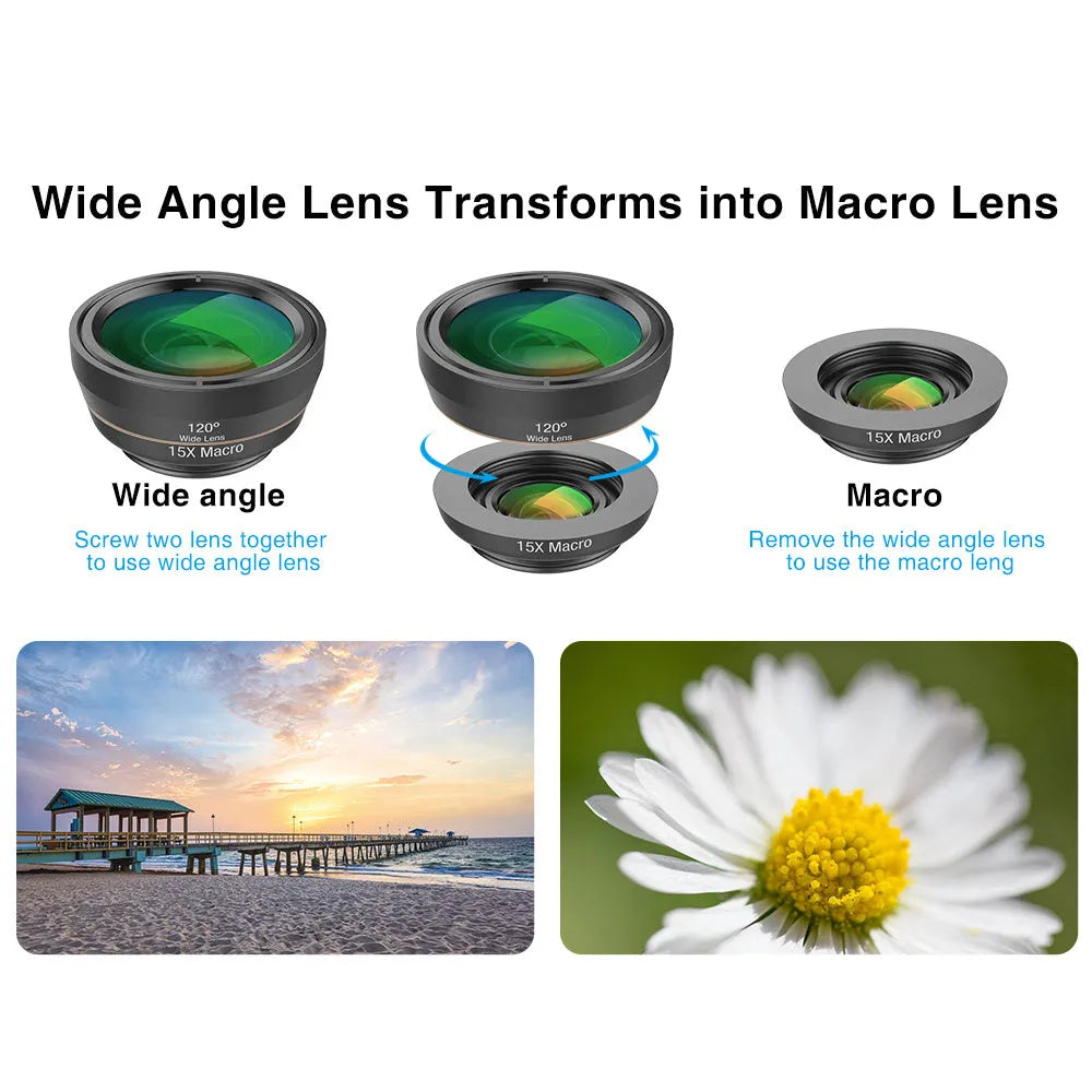 Black 6-in-1 smartphone lens kit with fisheye, wide angle, macro, telephoto, CPL and star filters on universal mounting clip