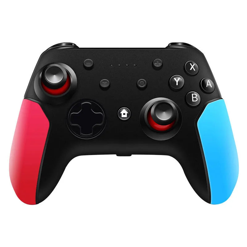 Bluetooth gamepad for Nintendo Switch and PC in left blue right red colour scheme on a white background.
