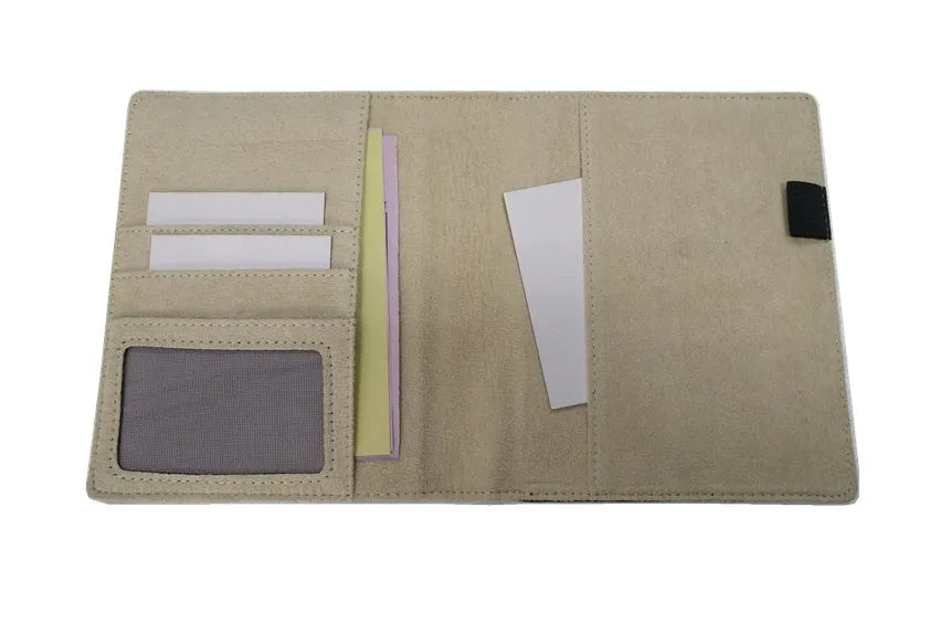 Blue imitation leather PU notebook shell for A4 pages, shown with a clear PP storage bag.