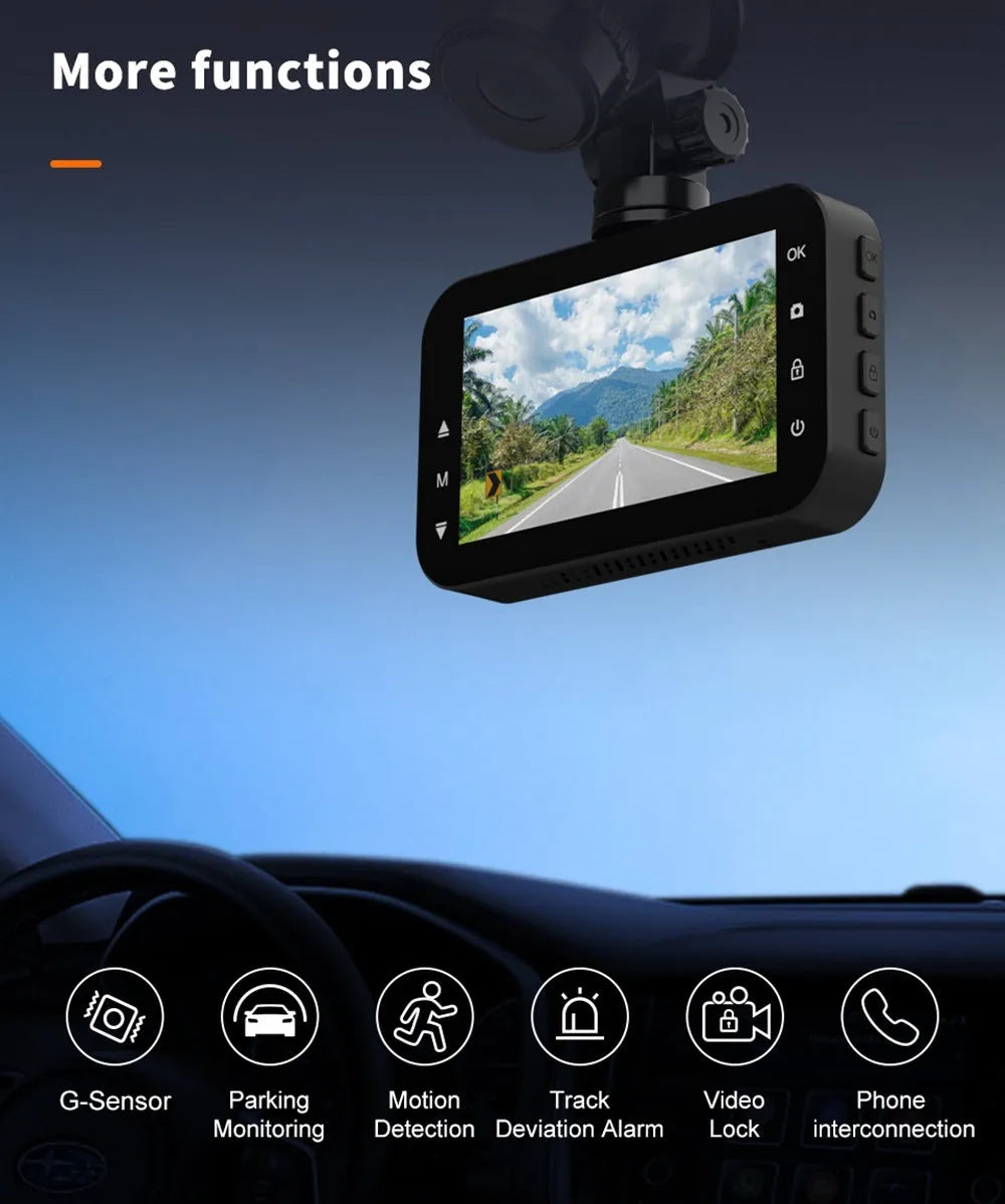 ThiEYE dual dash cam unit with 3-inch screen, rear waterproof camera, mounts, and installation accessories on a table.