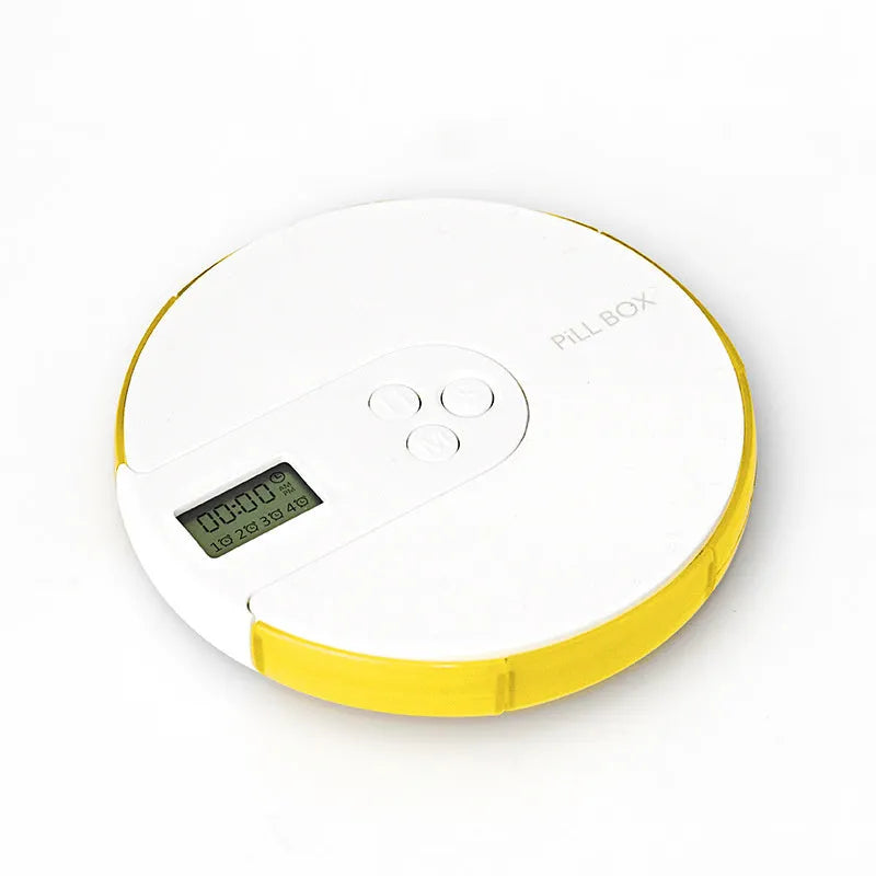 7-compartment alarm clock pill dispenser in multiple colours showing timer display and storage sections.