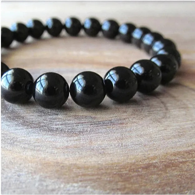 Black agate geometric stretch bracelet for women with 8mm beads