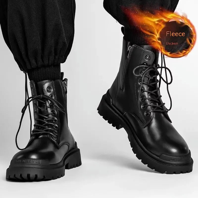 Men's black mid-top British leather-style boots with rubber sole and waterproof PU upper