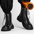 Men's black mid-top British leather-style boots with rubber sole and waterproof PU upper
