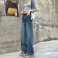 Women's retro blue high waist straight leg jeans in denim fabric
