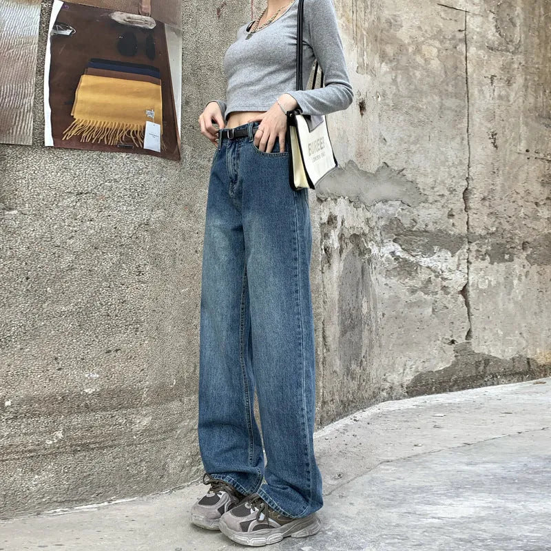 Women's retro blue high waist straight leg jeans in denim fabric